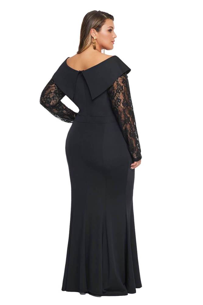 Beaded Lace Sleeve Off Shoulder Plus Size Gown