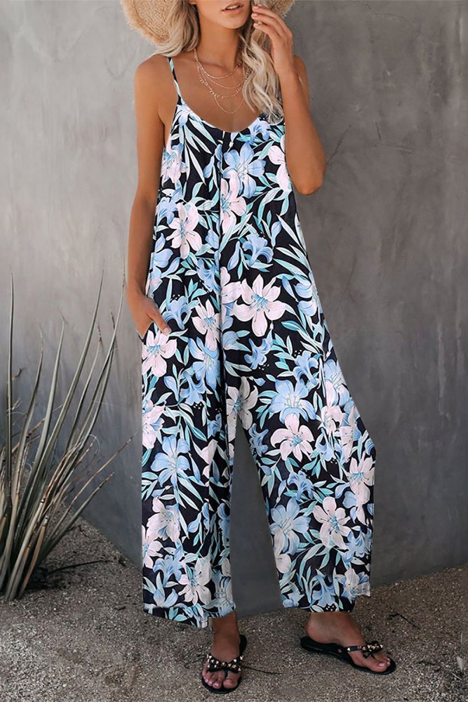 Palm Leaves Print Spaghetti Strap Wide Leg jumpsuit