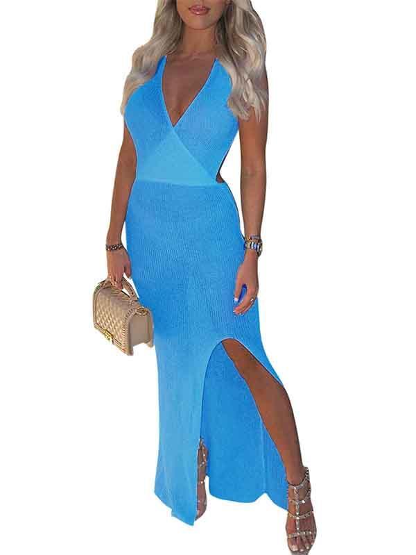 Sleeveless V Neck Sheer Maxi Dress With Slit