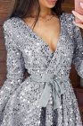 Sequin Deep V Long Sleeve Evening Dress with Waist Tie