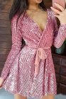 Sequin Deep V Long Sleeve Evening Dress with Waist Tie