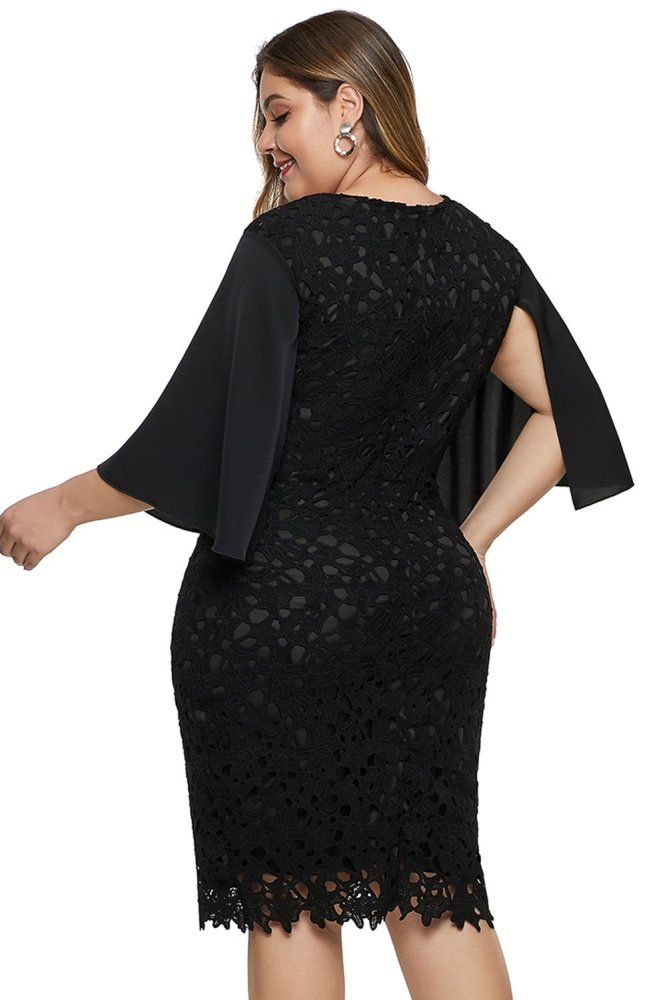 Flutter Slit Sleeve Crocthet Lace Plus Size Dress