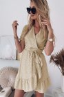 Bohemian Dotted Print Wrap V Neck Ruffled Mini Dress