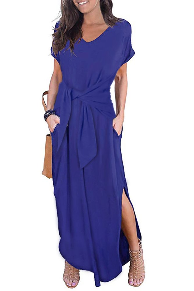 Casual Loose Pocket Short Sleeve Split Maxi Dress