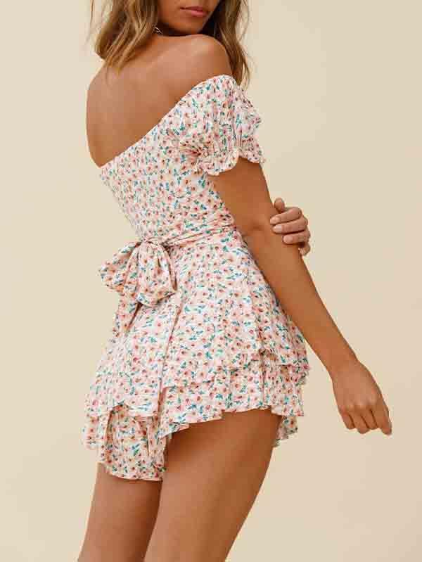 Women's Off Shoulder Short Sleeves Layered Ruffle Rompers