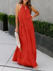 Solid Color Halter Neck Top Sleeveless Layered Maxi Dress With Belt