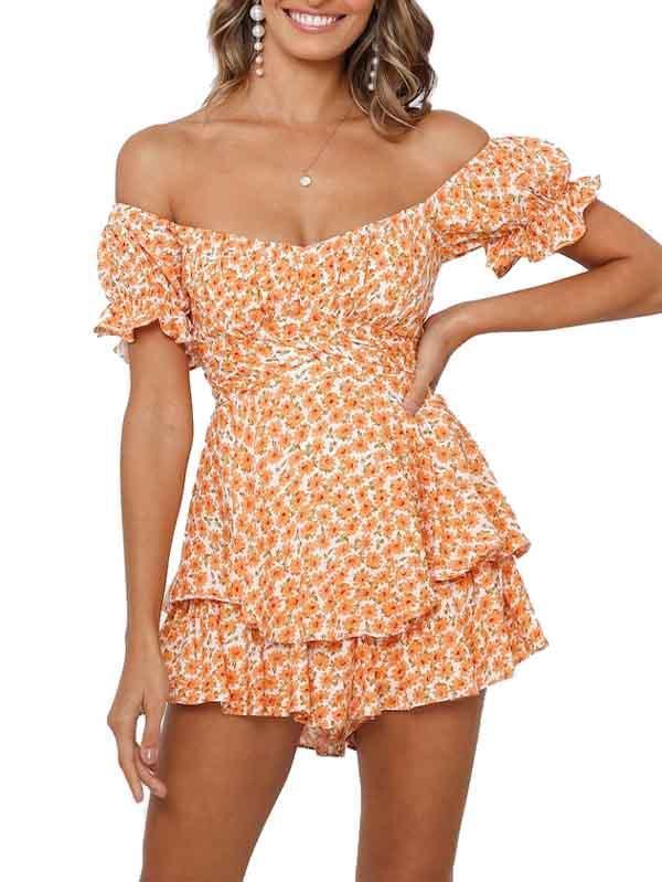 Women's Off Shoulder Short Sleeves Layered Ruffle Rompers