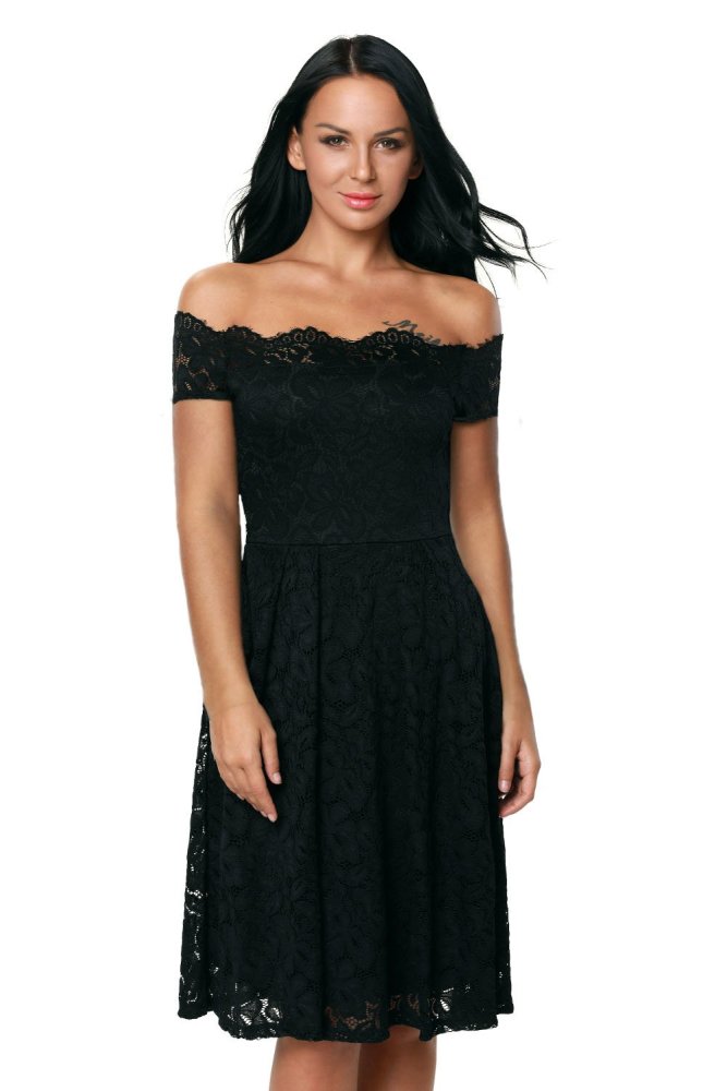 Wine Scalloped Off Shoulder Flared Lace Dress