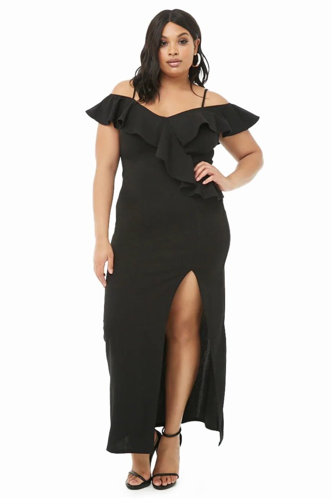 Plus Size Open Shoulder Ruffle Dress