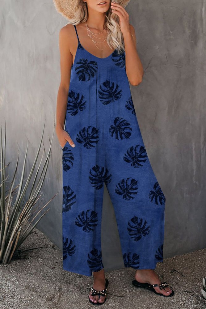 Palm Leaves Print Spaghetti Strap Wide Leg jumpsuit