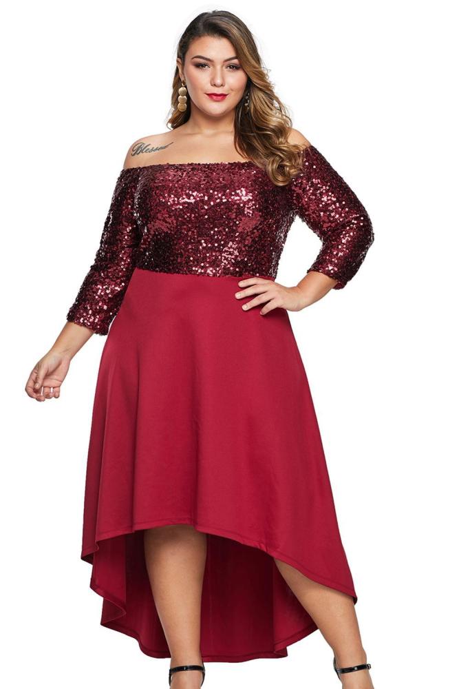 Off Shoulder Sequin Bodice Hi-lo Plus Size Dress