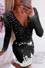 V Neck Studded Christmas Print Zipper Bodycon Mini Dress