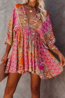 Multicolour V Neck 3/4 Sleeve Bohemian Vintage Print Mini Dress