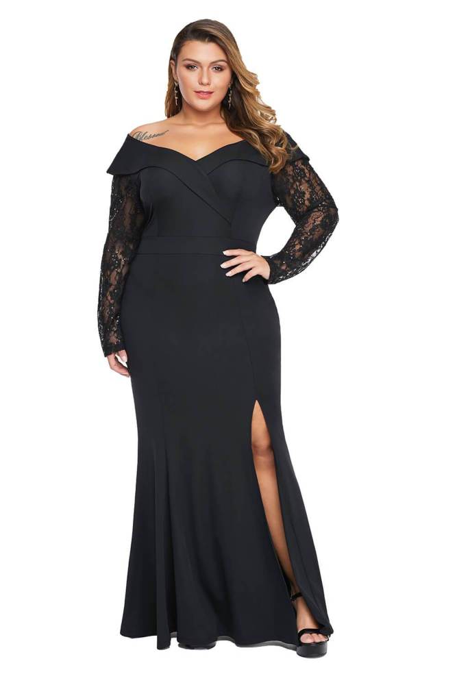 Beaded Lace Sleeve Off Shoulder Plus Size Gown