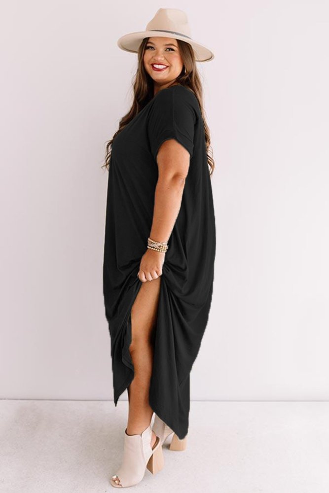 Plus Size V Neck Short Sleeve Maxi Dress with Slits