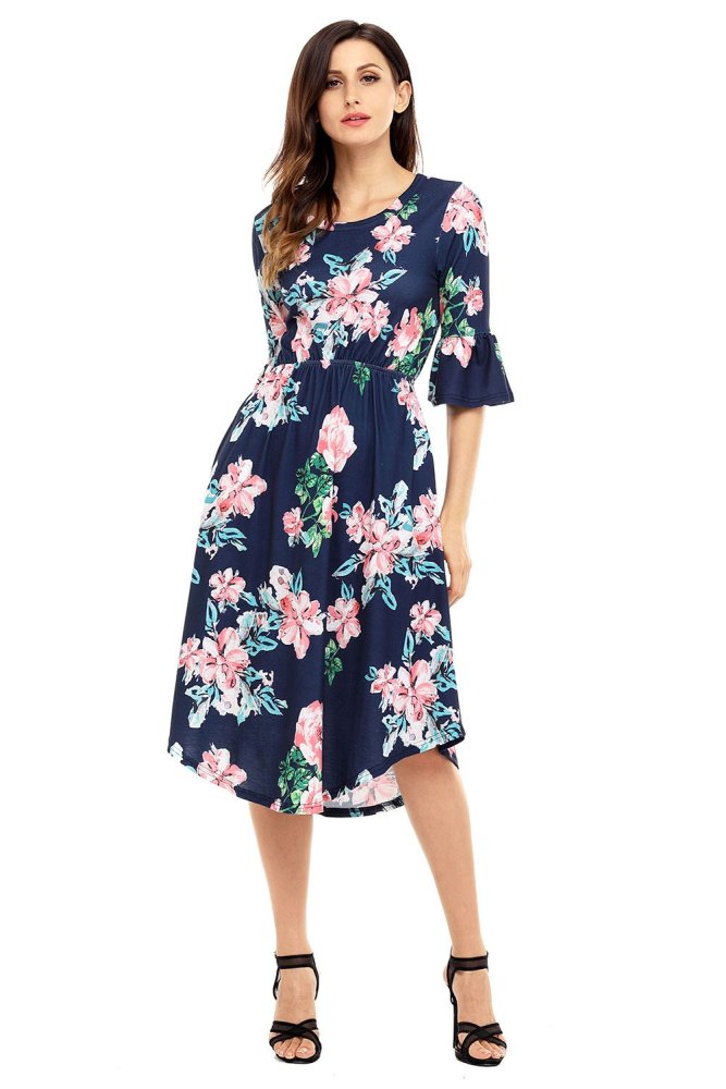 Light Blue 3/4 Bell Sleeve Floral Midi Dress