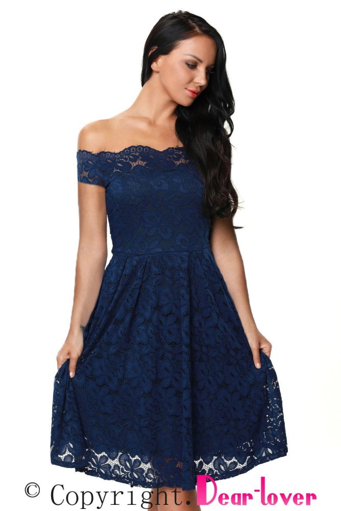 Wine Scalloped Off Shoulder Flared Lace Dress