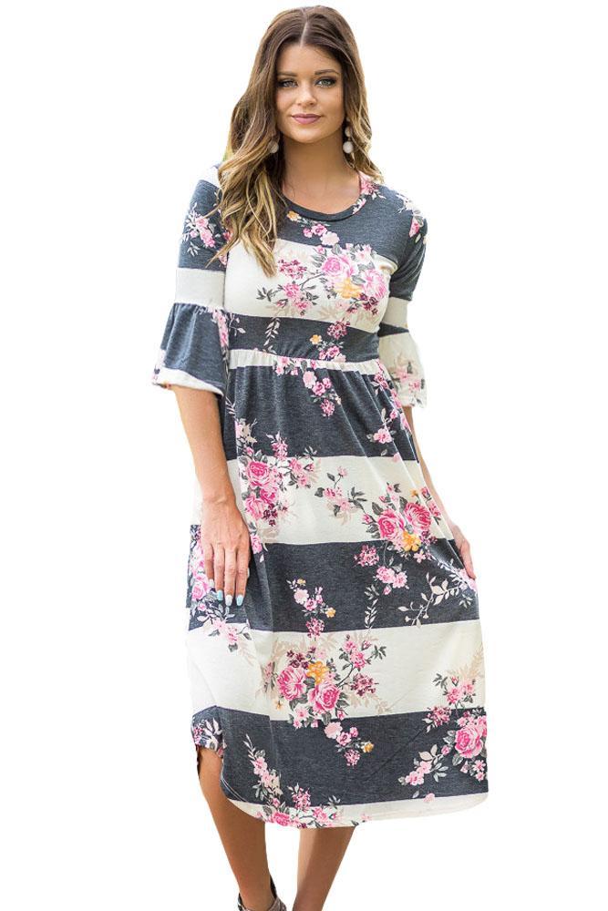 Light Blue 3/4 Bell Sleeve Floral Midi Dress