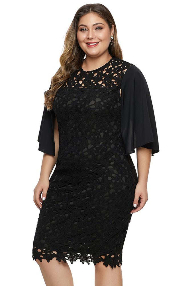 Flutter Slit Sleeve Crocthet Lace Plus Size Dress