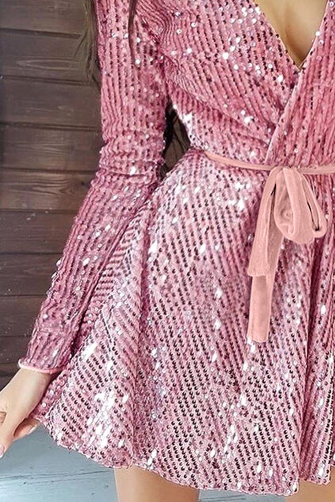 Sequin Deep V Long Sleeve Evening Dress with Waist Tie
