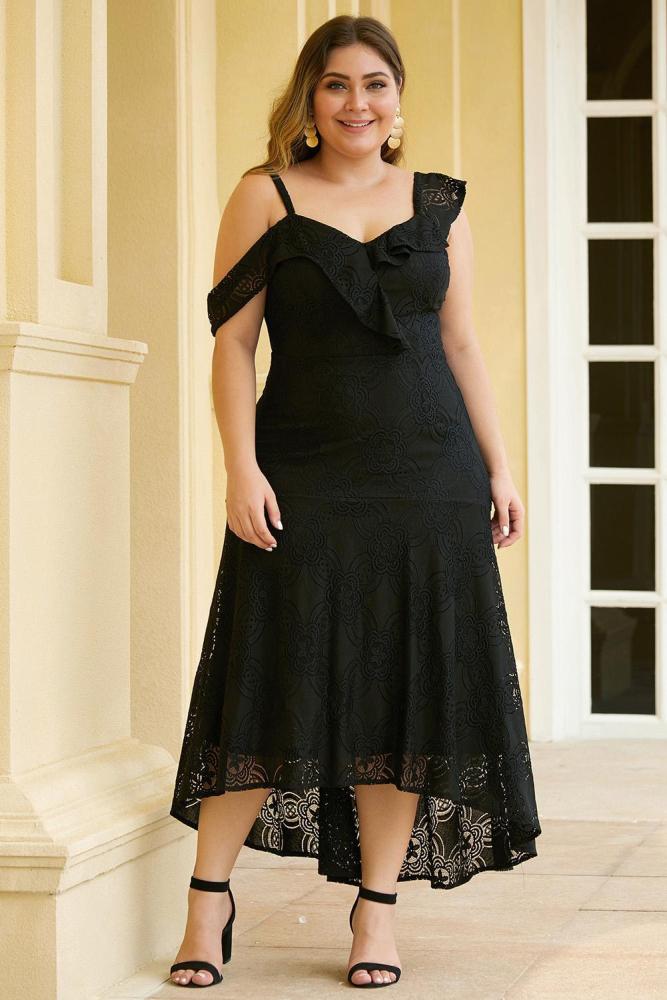 Asymmetric Ruffle Shoulder Design Plus Size Lace Dress