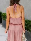 Solid Color Halter Neck Top Sleeveless Layered Maxi Dress With Belt