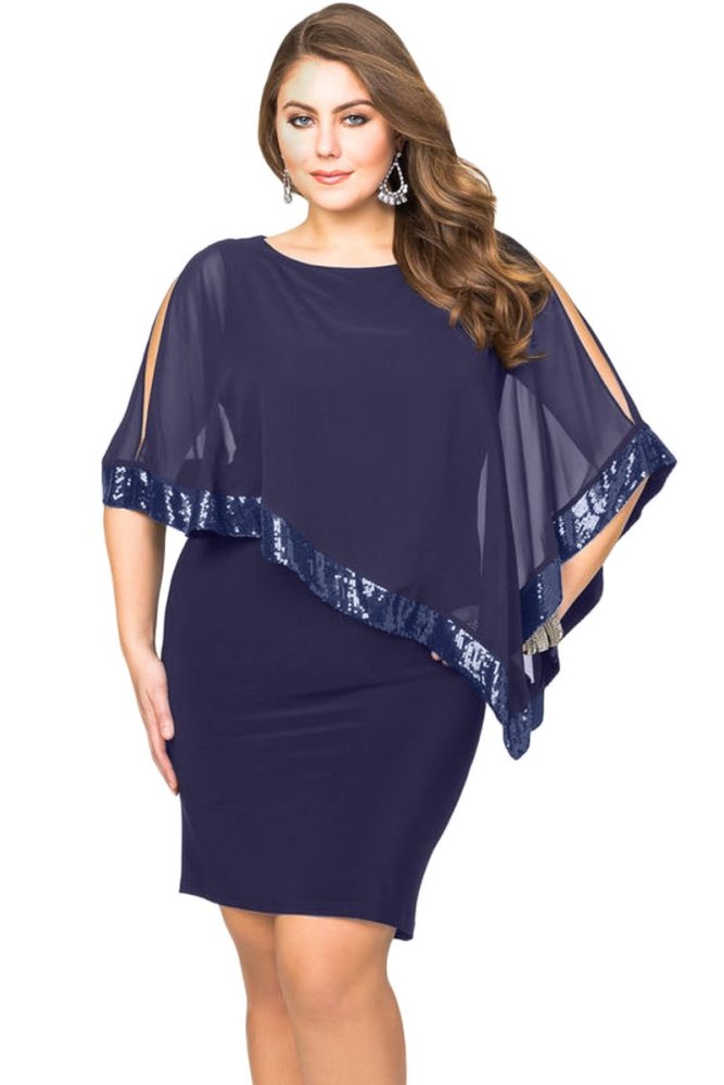 Sequined Mesh Overlay Plus Size Poncho Dress