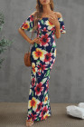 Blue Floral Print Ruffled Off Shoulder Bodycon Maxi Dress