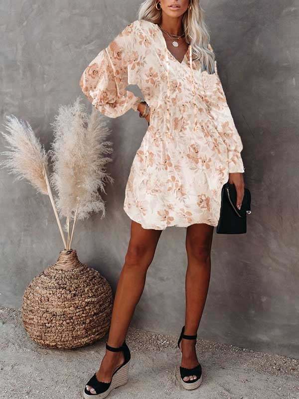Floral V Neck Long Sleeve Mini Swing Dress