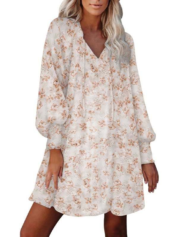 Floral V Neck Long Sleeve Mini Swing Dress