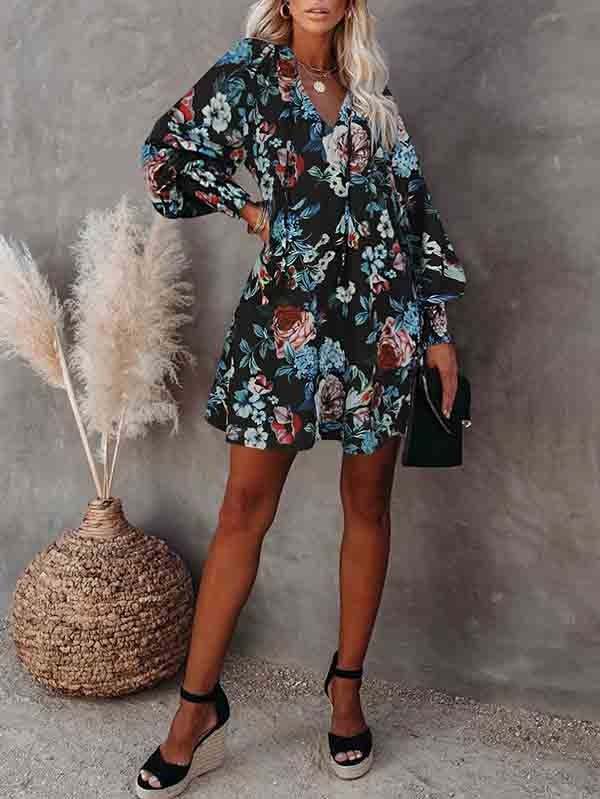 Floral V Neck Long Sleeve Mini Swing Dress