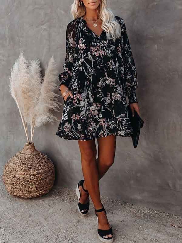 Floral V Neck Long Sleeve Mini Swing Dress