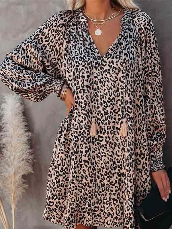 Floral V Neck Long Sleeve Mini Swing Dress