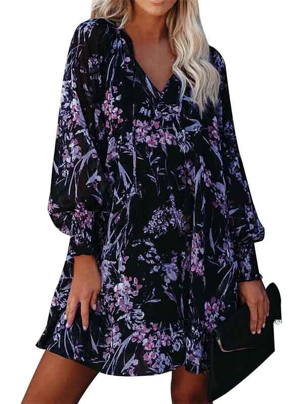 Floral V Neck Long Sleeve Mini Swing Dress
