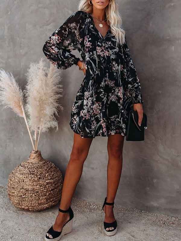 Floral V Neck Long Sleeve Mini Swing Dress