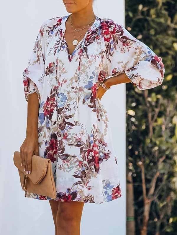 Floral V Neck Long Sleeve Mini Swing Dress