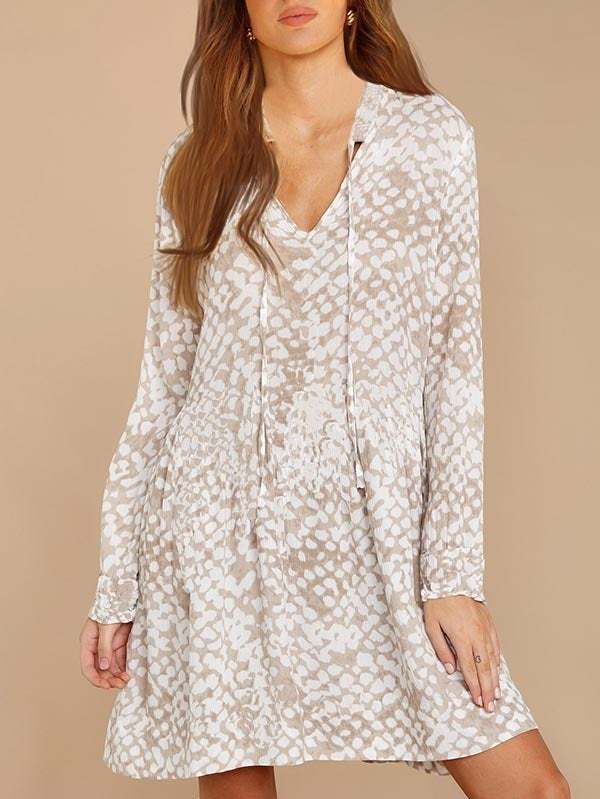 Floral V Neck Long Sleeve Mini Swing Dress