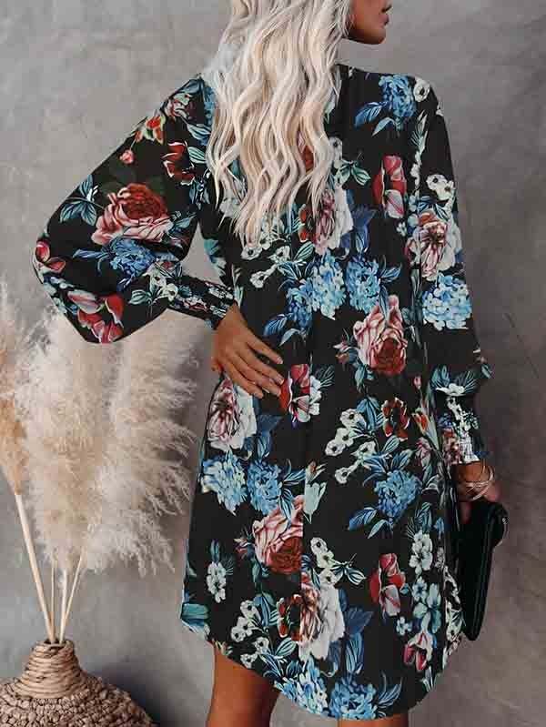 Floral V Neck Long Sleeve Mini Swing Dress
