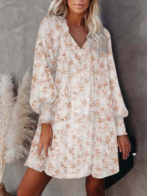 Floral V Neck Long Sleeve Mini Swing Dress