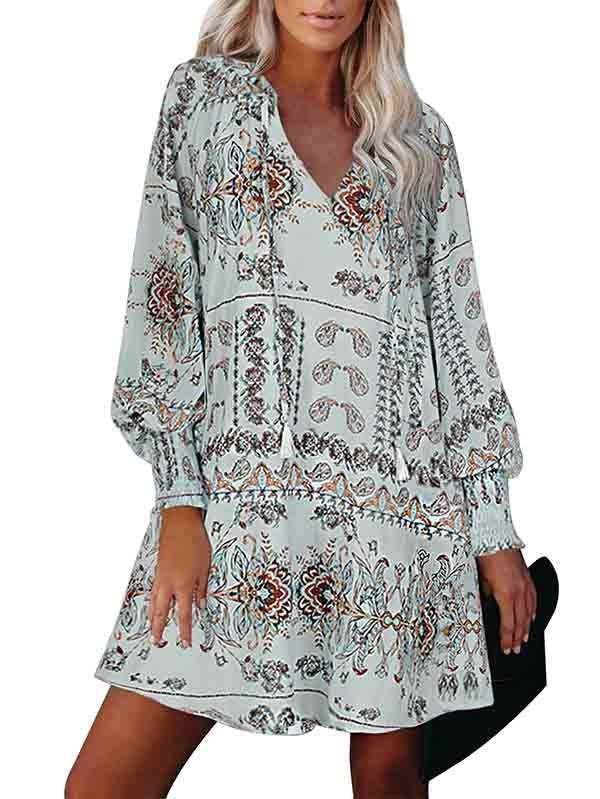 Floral V Neck Long Sleeve Mini Swing Dress