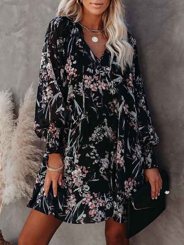 Floral V Neck Long Sleeve Mini Swing Dress