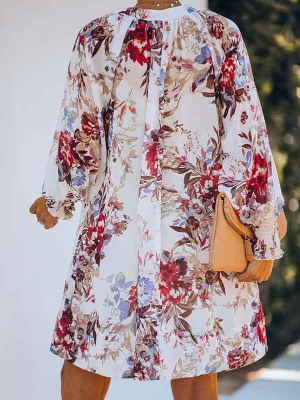 Floral V Neck Long Sleeve Mini Swing Dress