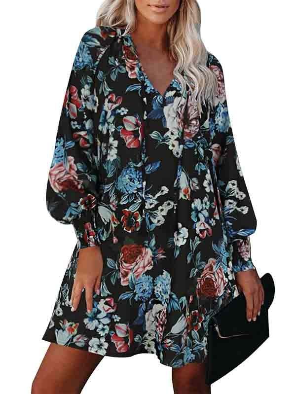 Floral V Neck Long Sleeve Mini Swing Dress
