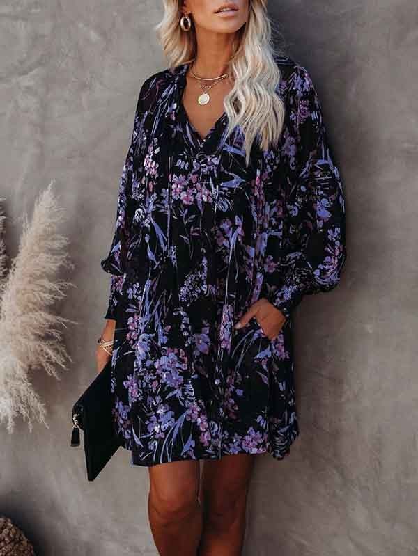 Floral V Neck Long Sleeve Mini Swing Dress