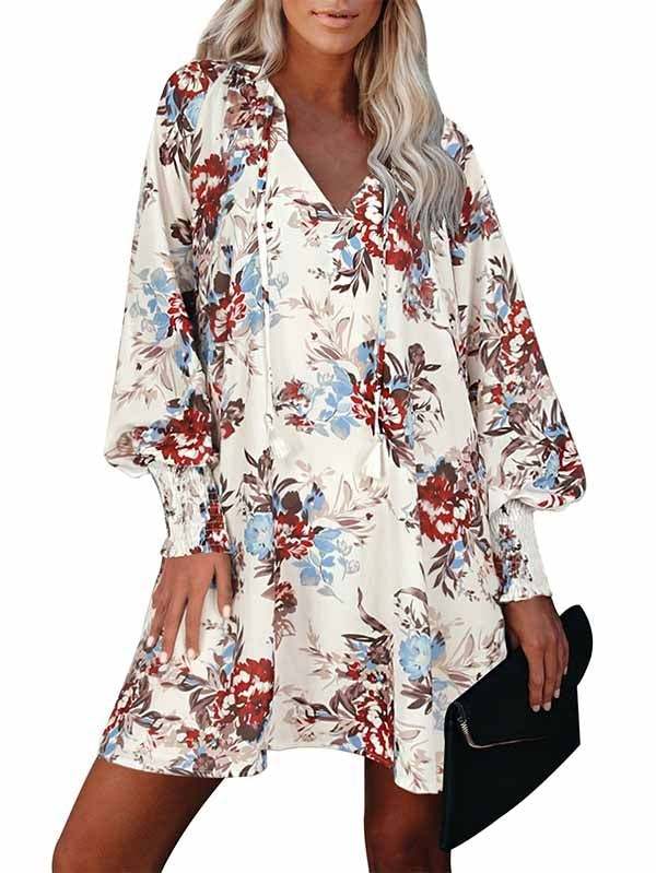 Floral V Neck Long Sleeve Mini Swing Dress