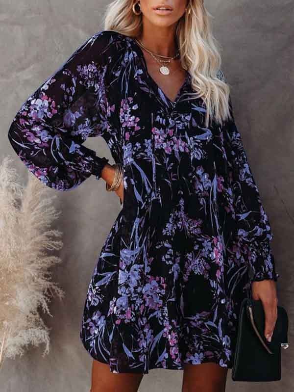 Floral V Neck Long Sleeve Mini Swing Dress