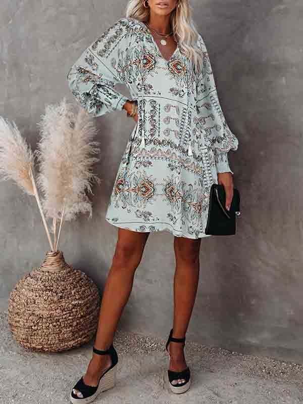 Floral V Neck Long Sleeve Mini Swing Dress