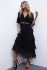 V Neck Swiss Dot Sheer Lace Long Maxi Dress