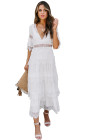 V Neck Swiss Dot Sheer Lace Long Maxi Dress