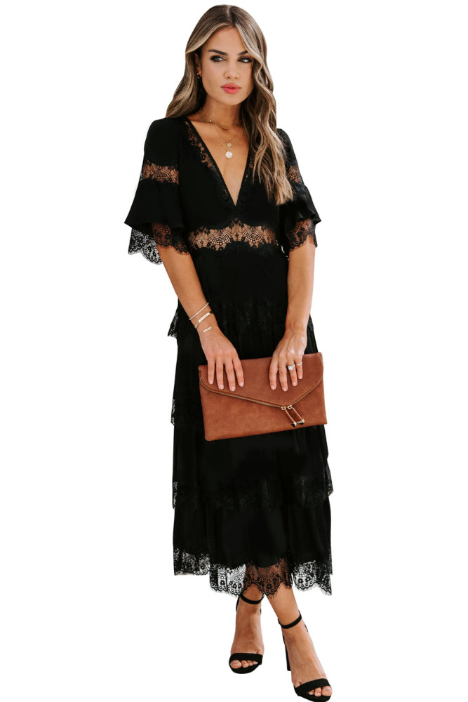 V Neck Swiss Dot Sheer Lace Long Maxi Dress